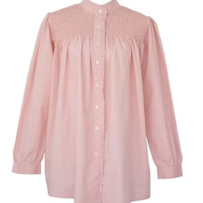 Gesmokte Bluse "Sydney" mit Muschelkante, Stehkragen in rosé