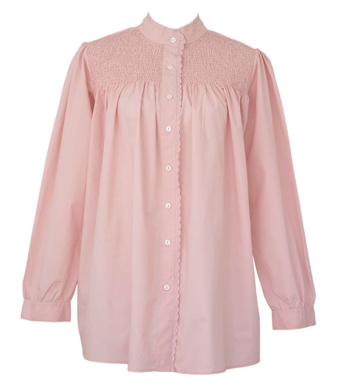 Gesmokte Bluse "Sydney" mit Muschelkante, Stehkragen in rosé